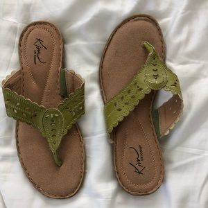 Kim Rogers flat green leather sandals